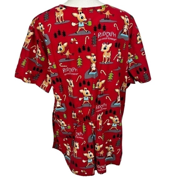 RUDOLPH THE RED NOSED REINDEER Women’s Scrub Sz 2X Multi Color V-neck SS - Picture 5 of 11